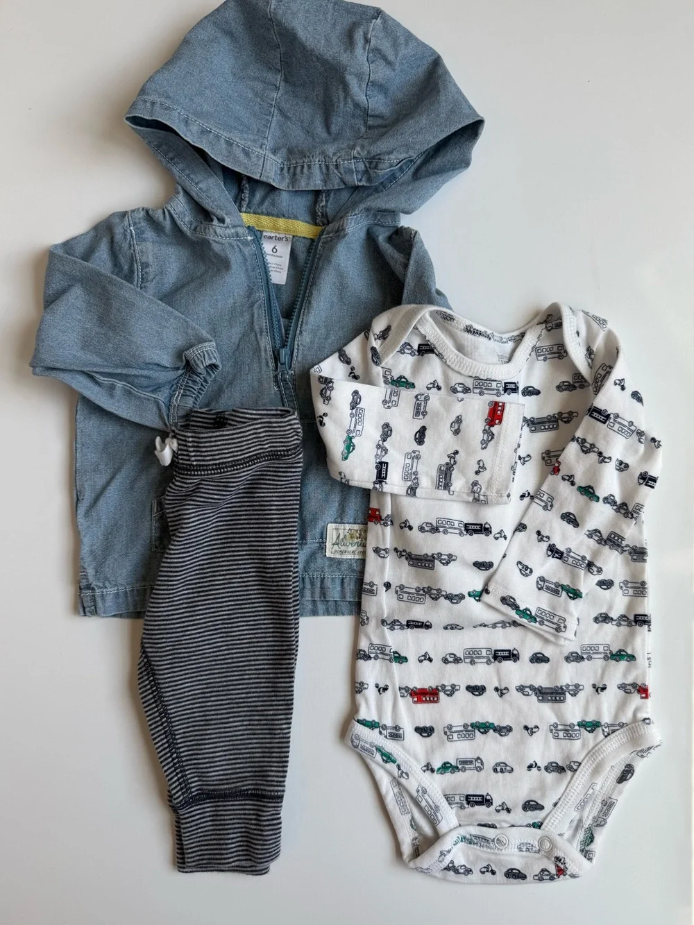 3/$21 | Chambray Blue Hooded Jacket & Car Print Set